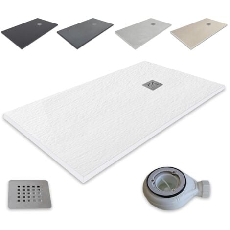Piatto doccia ultrasottile in resina Outletaseo® - Antiscivolo con texture ardesia  -【70x80 cm, bianco RAL-9003】- Inclusa valvola di scarico + griglia