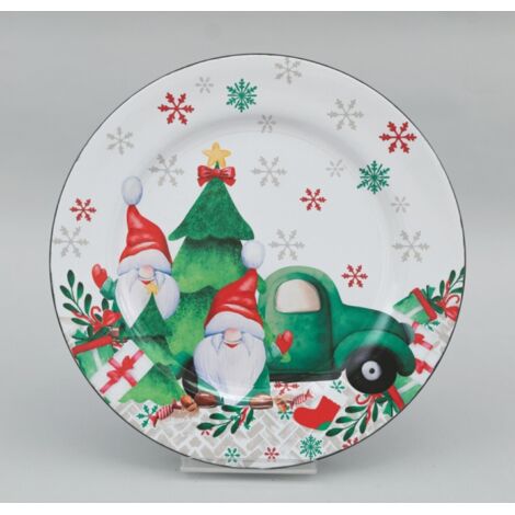 Piatto tondo cm 33 bianco gnomi e macchina verde