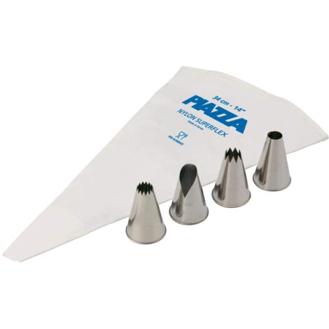 PIAZZA Set per Dolci - Sac a Poche Professionale 34 cm + 4 Beccucci in Acciaio Inox da 14mm - Per Realizzare Decorazioni su Dolci, Torte e Pasticcini, Sacca Riutilizzabile in Resistente Nylon