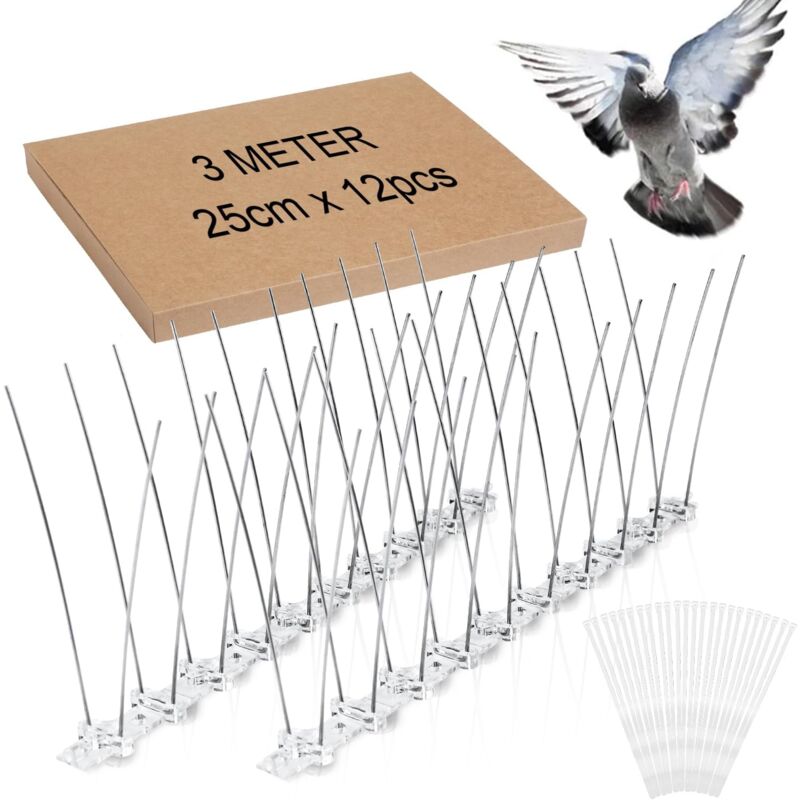 Pic Anti Pigeon Inoxydable 3M 12x25cm avec 24pcs Plastique Zip Attaches Anti-Oiseaux pour Effrayer Pigeons Moineaux Corbeaux Chats Respectueux des