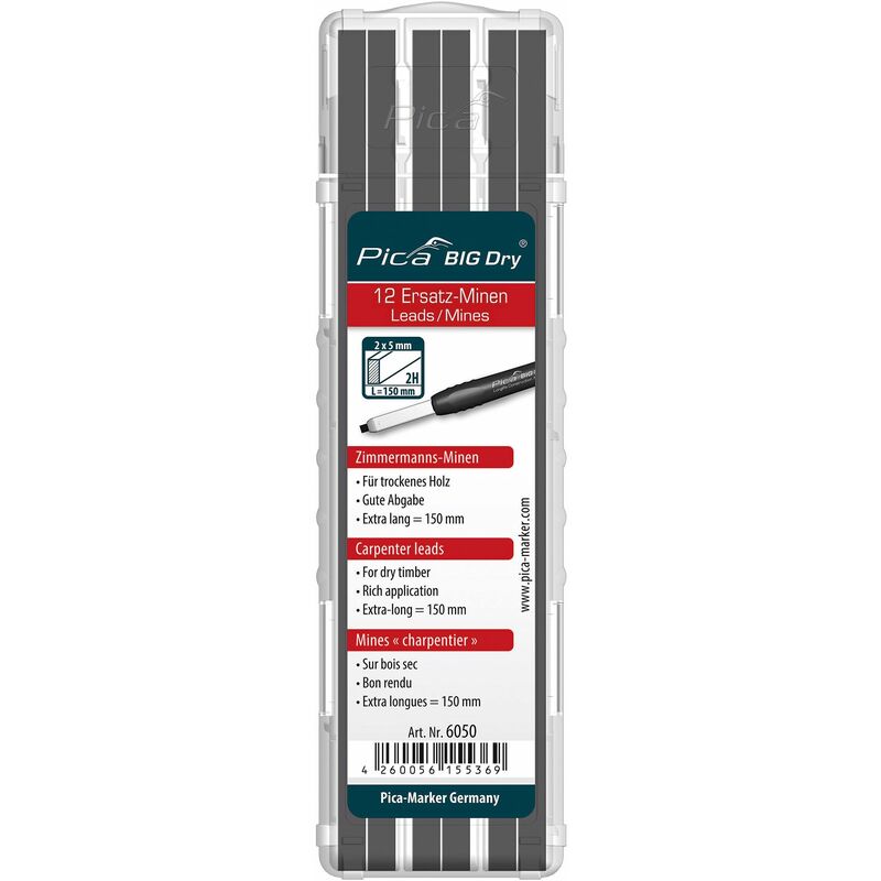 

6050/SB - Estuche con 12 minas de carpintero BIG-Dry de grafito 2H (blister) - Pica