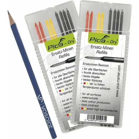 Pica Dry Minen Set - 16 Stück Tieflochmarker Ersatzminen für alle Oberflächen in graphit/rot/gelb