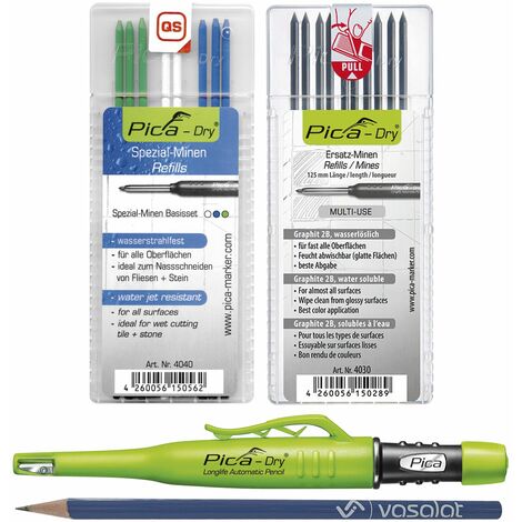 Pica Marker Set - Pica Dry Tieflochmarker + 10 Ersatzminen graphit 2B Multi-Use + 8 Ersatzminen wasserstrahlfest in blau/weiß/grün