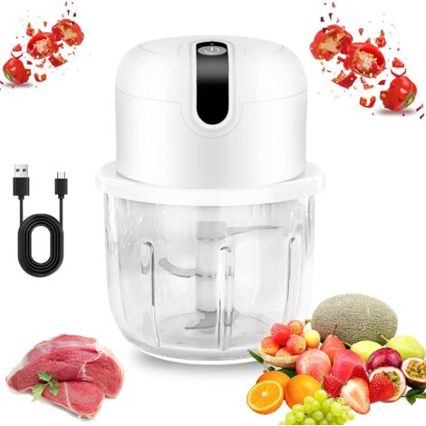 Picadora de cocina eléctrica, Mini cortador de cebolla con puerto USB, picadora de cebolla, 250 ml, batería recargable con hoja de acero inoxidable para picar, cortar y picar (blanco)