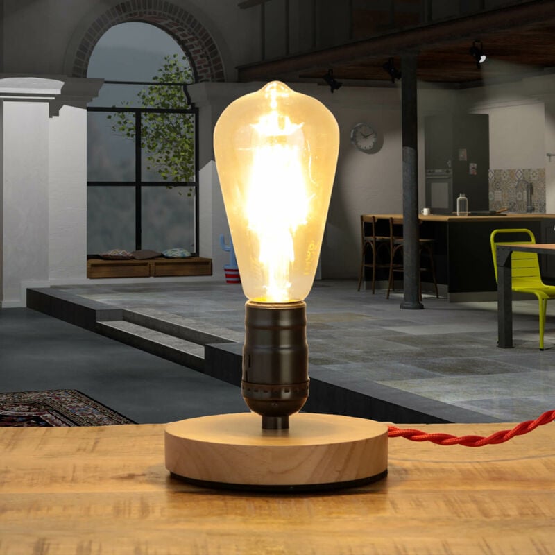 Image of Licht-erlebnisse - Piccola Lampada da tavolo dal design vintage in legno e metallo E27 per scrivania, comodino - Marrone
