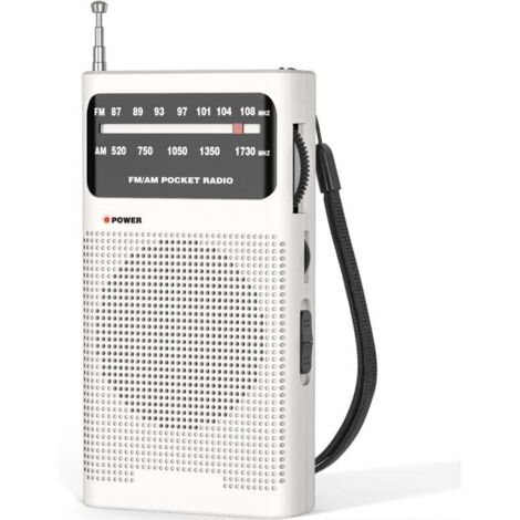 Piccola radio, radio FM/AM portatile, radio tascabile a batteria, ricezione e qualità del suono eccellenti, bianca