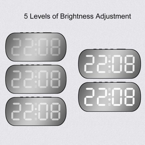 Piccola sveglia digitale con visualizzazione della temperatura, data, modalità notturna, cinque livelli di luminosità, doppia sveglia e funzione snooze (luce bianca e nera).