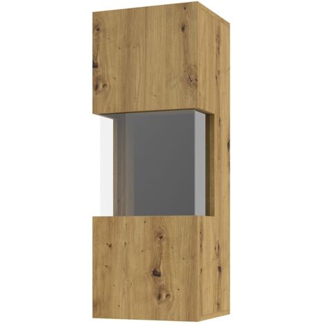 Piccola vetrina sospesa 1 porta parzialmente vetrata collezione EVA. Colore quercia e nero.