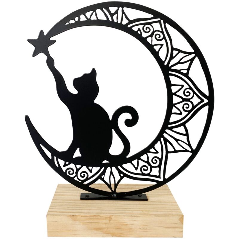 Piccola figura decorativa etnica di gatto/luna per la casa e da regalo in metallo e legno