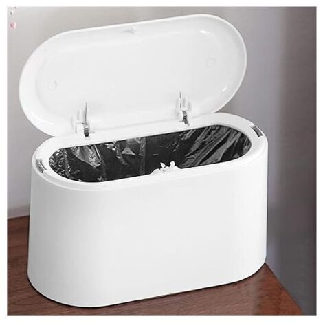 Piccolo cestino bianco da tavolo con coperchio a pulsante, cestino bianco da scrivania, mini cestino da tavolo in plastica, cestino portatile per tavolo da cucina, mobiletto del bagno, camera da letto