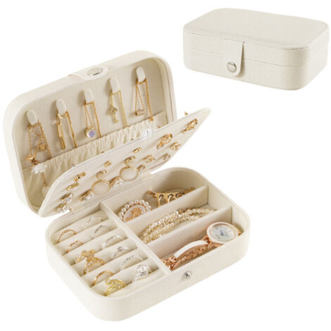 Piccolo portagioie da viaggio per collane, anelli, bracciali, in similpelle di alta qualità - Scatola regalo per ragazze e donne (bianco)