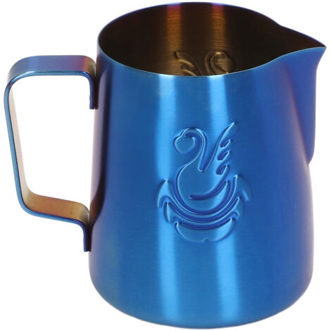 Pichet à Mousse de Lait 380 Ml, Mousseur de qualité Alimentaire en Acier Inoxydable avec Bec d', Tasse Multifonction pour Crème Latte Art Machine à café No (BLUE).