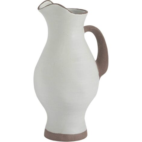 Pichet décoratif en céramique blanche style artisanal - blanc mat et marron naturel