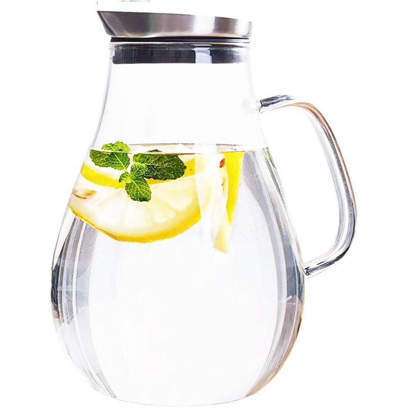 Pichet en verre de 1,8 litre, pichet à eau avec couvercle amovible et poignée large, pichet à jus facile à nettoyer pour réfrigérateur, carafe à
