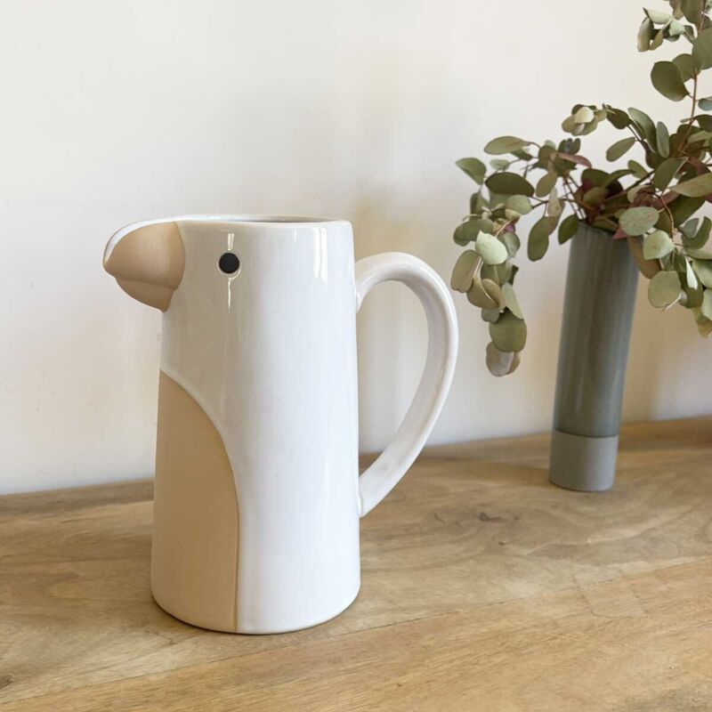 Pichet, carafe ou vase perroquet en grès blanc et beige