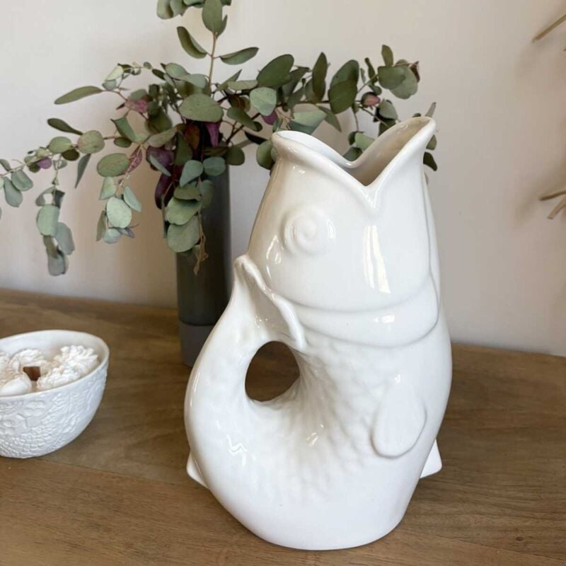 Pichet ou vase poisson blanc cassé