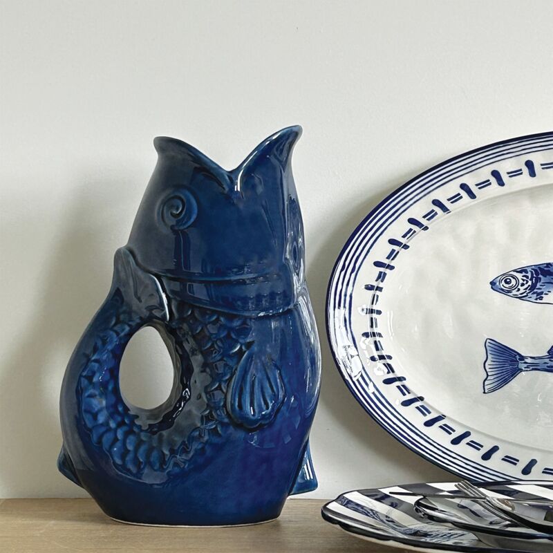 Pichet ou vase céramique poisson bleu foncé