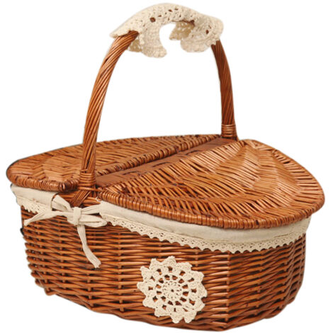 Picknickkorb aus Weide mit Deckel und Holzgriff – ideal zum Campen, Aufbewahren und Einkaufen