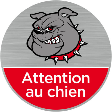 Pictogramme Attention au chien (Q0468).- Adhésif aspect aluminium brossé - Diamètre 83 mm