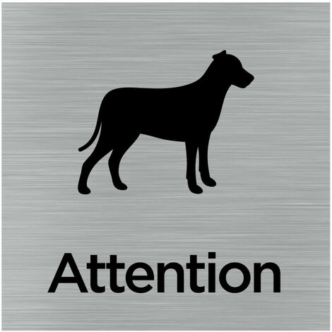 Pictogramme Attention au chien (Q1006). Signalisation Porte 150 x 150 mm. Autocollant souple ou plaque alu brossé 2 mm ep. - Adhésif aspect aluminium brossé