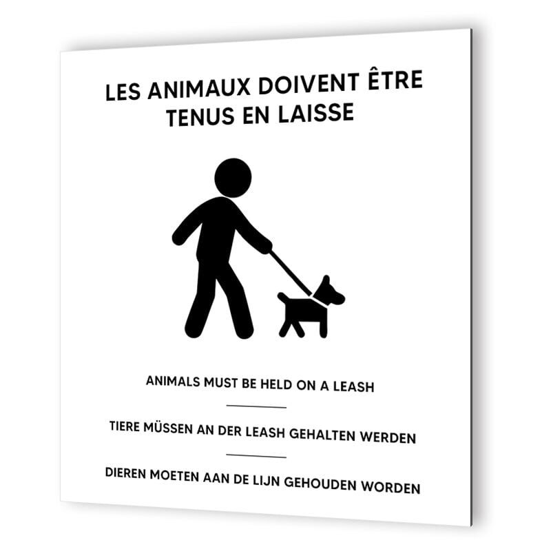 Pictogramme format 20 cm x 20 cm en Dibond Blanc Picto Noir - Modèle Animaux en laisse