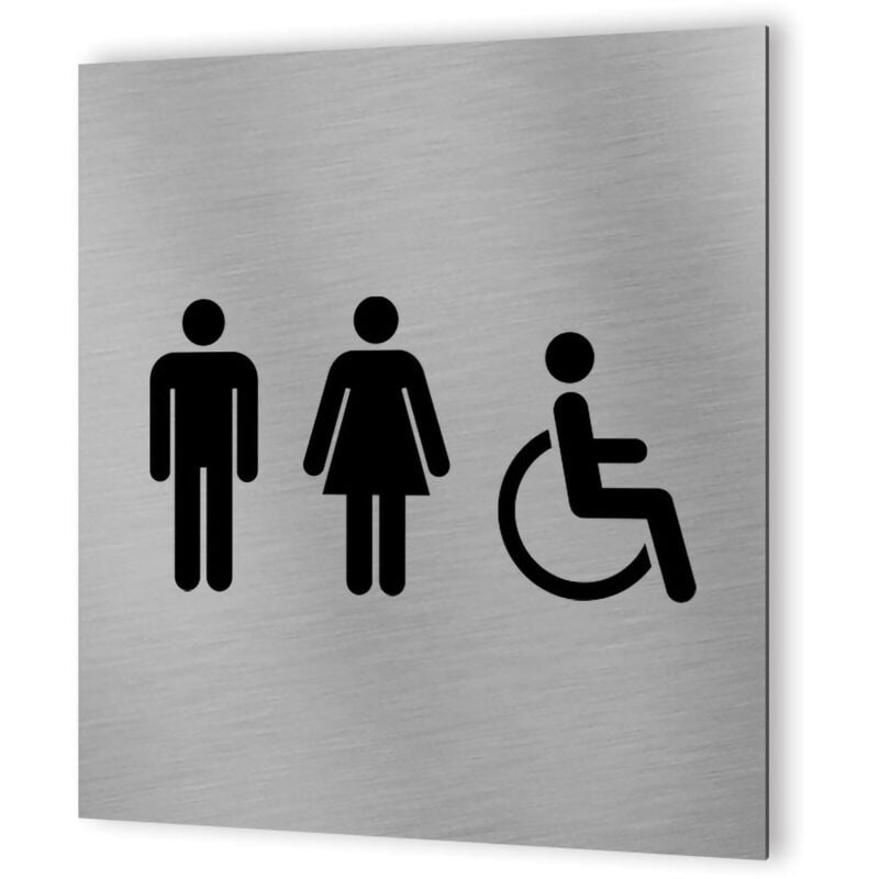 Pictogramme wc format 20 cm x 20 cm en Dibond Aluminium brossé - Modèle toilettes trio