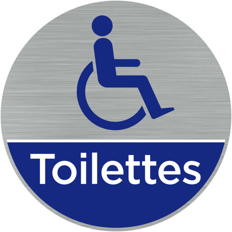 Pictogramme toilettes handicapés (Q0462).- Adhésif aspect aluminium brossé - Diamètre 76 mm