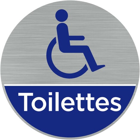 Pictogramme toilettes handicapés (Q0462). Autocollant souple effet alu brossé ou plaque de porte alu brossé ep 2mm au choix