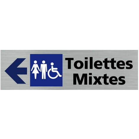 Pictogramme TOILETTES MIXTES FLECHE VERS LA GAUCHE (Q0418).- Plaque aluminium brossé -