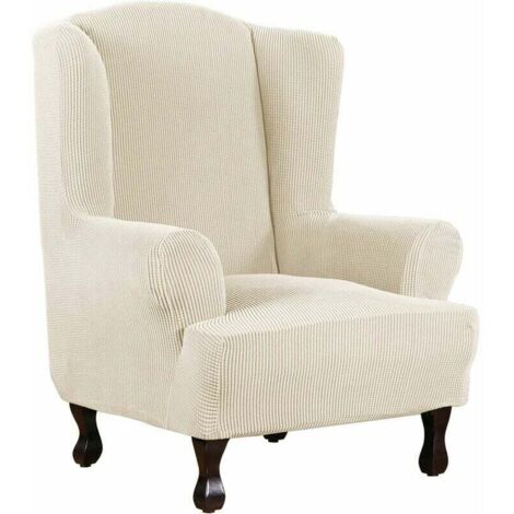 Piece Elegant Super Stretch Furniture Cover/Checkered Jacquard Spandex Wing Chair Cover, Super Soft Machine Washable/Non-Slip Slipcover (Hearing Chair, Natural Color)
