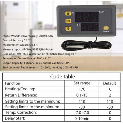 Piece W3230 AC 110V-220V Digital Temperature Controller, 20A Digital Display Thermostat Control Switch with 10K NTC Sensor Probe