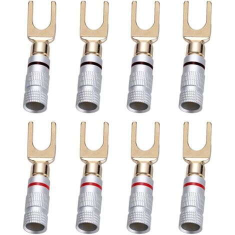 Pieces 24K Gold Y Plug U Fork Banana Plug 45 Degree Screw Shovel Connector for Speaker Wire DIY, Corrosion Resistant, 4 Black and 4 Red