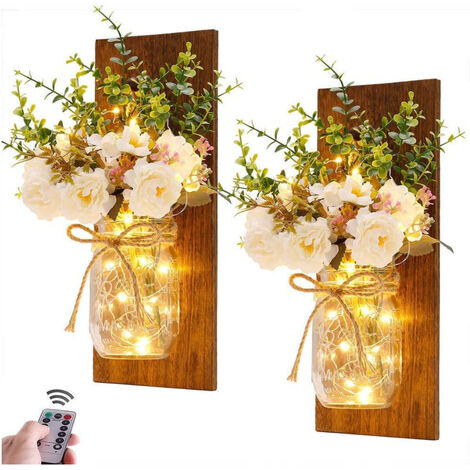 Pièces Appliques Mason Jar Lumières Décoration Murale, Lumières Suspendue à Piles ave Fleur Artificielle LED Bande Décor pour Exterieur Intérieur Chambre Maison Salon Jardin Noël Décoration