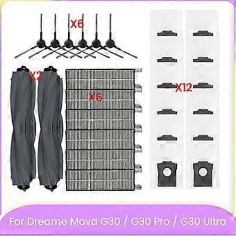 Pièces de rechange pour Dreame Mova G30/G30 Pro/G30 Ultra : brosse latérale principale, filtre HEPA, sacs à poussière.