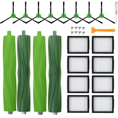 Pièces de rechange pour Roomba séries E I J i7 i7+ i3 i3+ i4+ i6 i6+ i8 i8+ j7 j7+ j9 j9+ E5 E6, comprenant 2 jeux de brosses principales, 8 filtres et 8 brosses latérales.