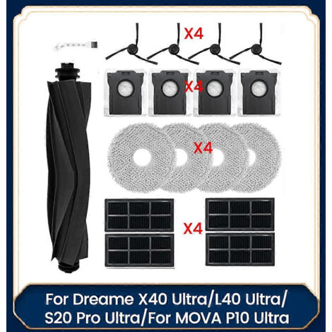 Pièces détachées pour aspirateur Dreame X40 Ultra/L40 Ultra/S20 Pro Ultra/MOVA P10 Ultra : filtre, brosse latérale, sac à poussière, lingettes de nettoyage