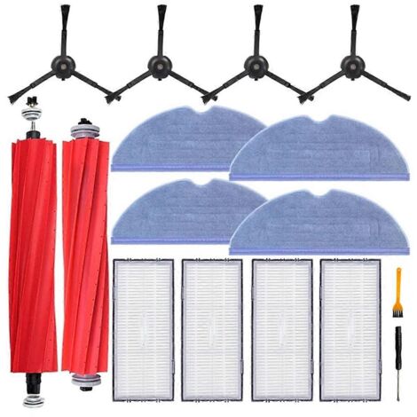 Pièces détachées pour aspirateur Roborock : brosse principale, filtre HEPA et lingette de nettoyage.
