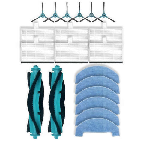 Pièces détachées pour aspirateurs Mova E20 Plus, Liectroux M70 Pro et Ultenic T10 Lite : brosse rotative, brosse latérale, filtre et lingette de nettoyage.