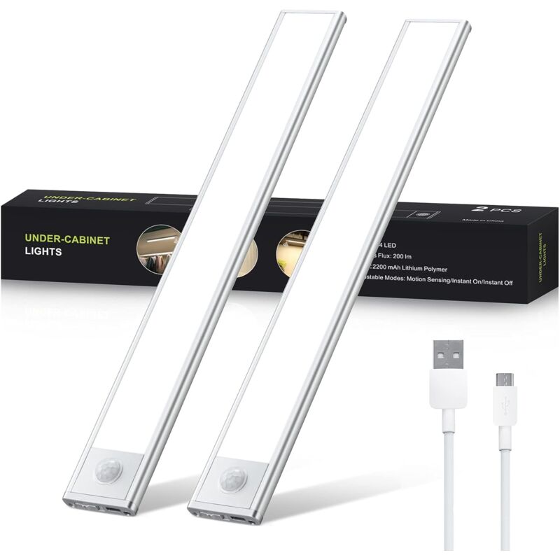 pièces LED sous meuble lumineux, bande LED rechargeable 30 cm éclairage de cuisine avec détecteur de mouvement éclairage d'armoire bande lumineuse