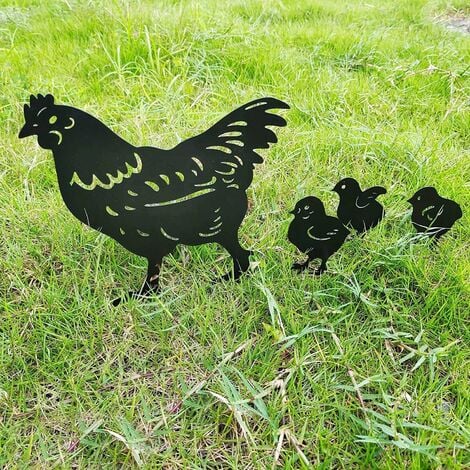 Lot de 4 poules décoratives de jardin - Coq et poule - Décoration de jardin  - Piquet de jardin - Décoration artisanale - Pour l'extérieur