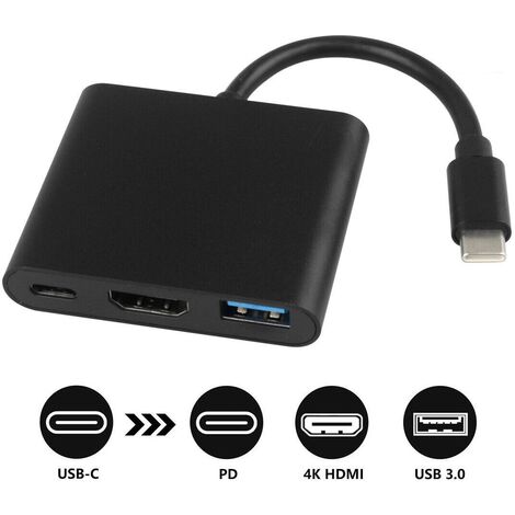 PIECES Noir - Adaptateur USB-C vers Double HDMI, Hub USB Type-C 3 en 1 avec 1 HDMI (4K@30Hz)/USB3.0/PD Chargement, Station d'Accueil USB-C pour Windows, MacOS