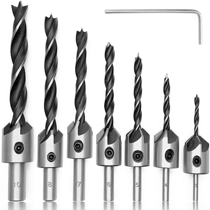 7 Pieces Wood Drill Bit with Countersink, HSS Steel Countersink Woodworking Cutter with Hex Key, Wood Chamfering Tool, HSS 5 Flute Carpentry Core