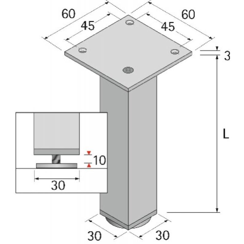 Pied alu 30X30 H80 arg anod Hettich
