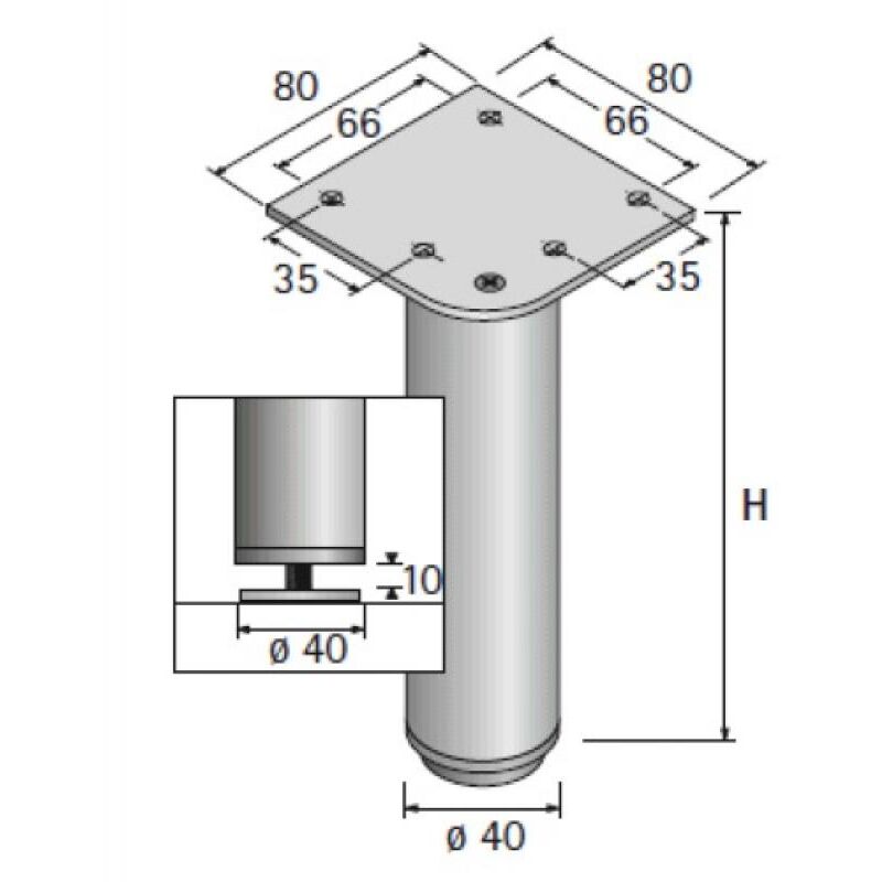 Pied alu D40 H80 arg anod Hettich