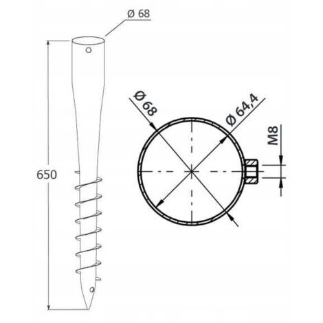 Pied de mât de parasol en acier 68x650mm avec vis sans fin