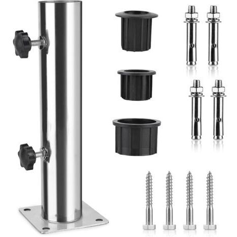 Pied de parasol en acier inoxydable réglable – 3 anneaux réducteurs PVC 32/38/48mm – 8 clous en acier pour fixation – Hauteur 30 cm