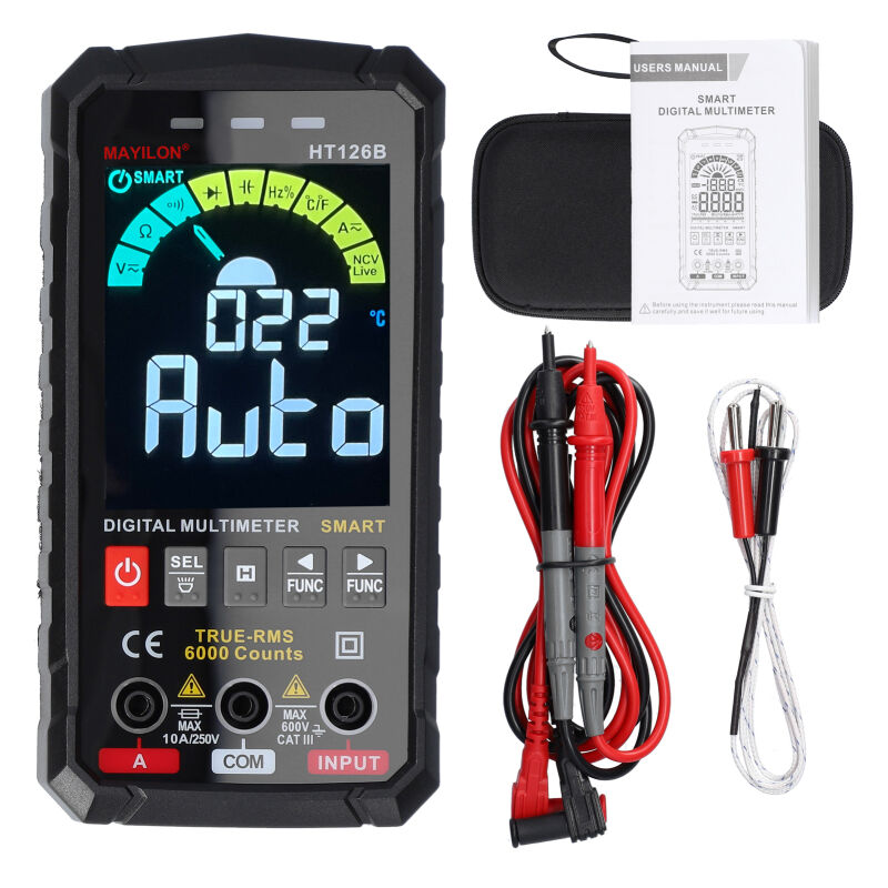Multimètre numérique intelligent portable MAYILON HT126B, grand écran VA, 6 000 points, mesure NCV True RMS avec rétroéclairage, lampe de poche,