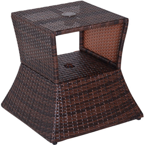 Pied de parasol table basse 2 en 1 étagère inférieure intégrée résine tressée imitation rotin PE dim. 54L x 54l x 55H cm marron