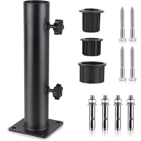 Pied Parasol, Tube de Parasol, Support Parasol Metal Réglable avec 3 Anneaux de Réduction en PVC (32/38/48mm), Tube pour Pied de Parasol avec 8 Clous en Acier, Noir