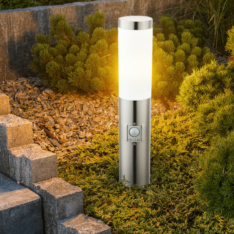 Image of Piedistallo E27 lampada da terra da giardino luce esterna rilevatore di movimento, resistente alle intemperie IP44, sensore, acciaio inossidabile